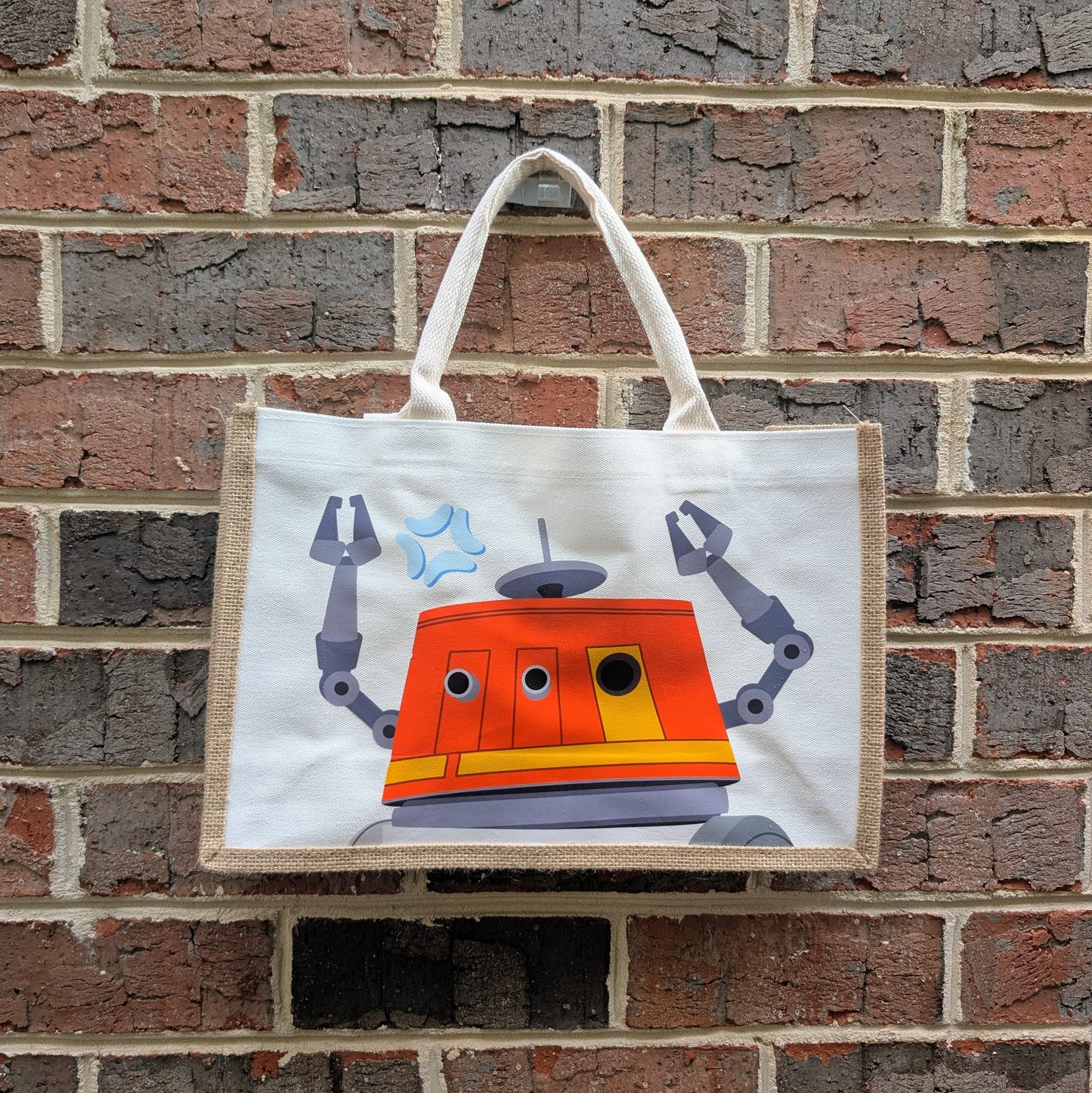 Robots Burlap Tote Bags